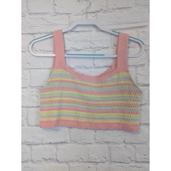 Crochet Striped Knit Cropped Tank Top Hippie Boho 70s Juniors Medium - Picture 1 of 5